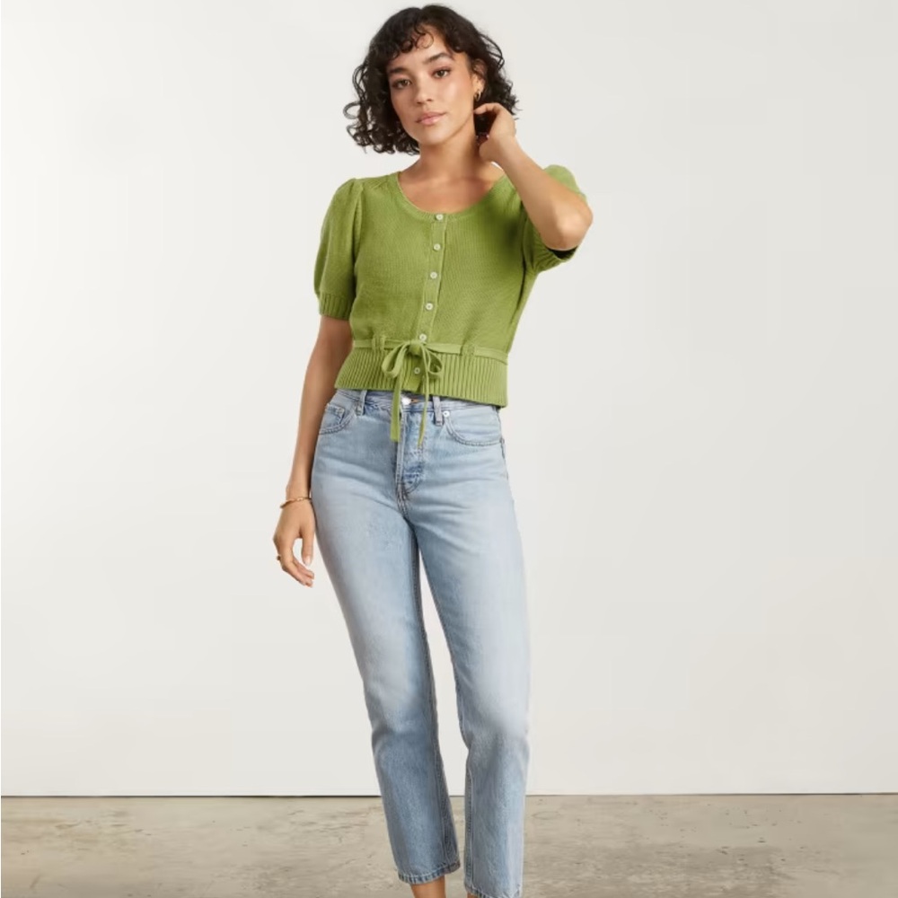 Everlane Green Puff Sleeve Cotton Sweater - Picture 3 of 8